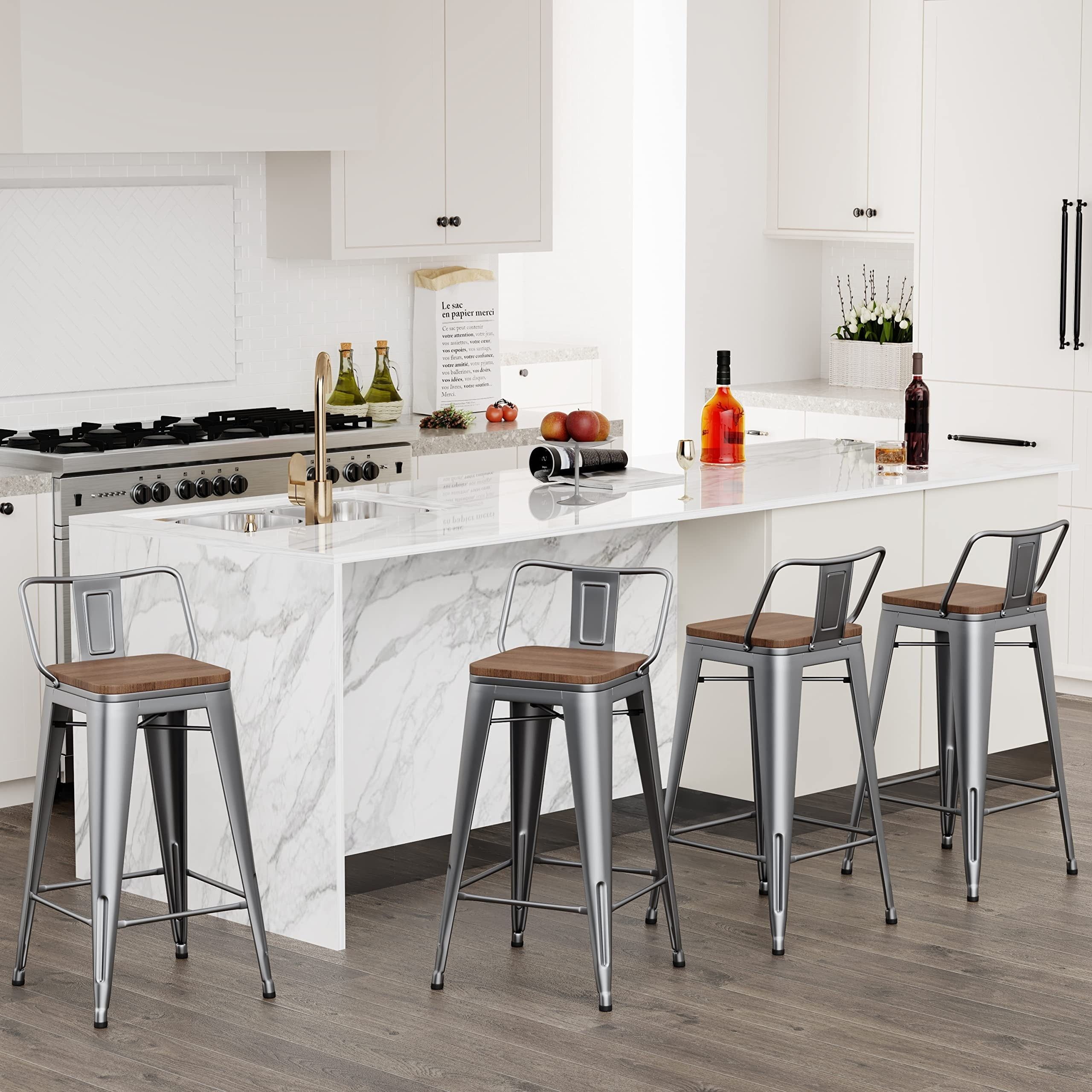 Silver 24" Industrial Swivel Backless Wood and Metal Bar Stools