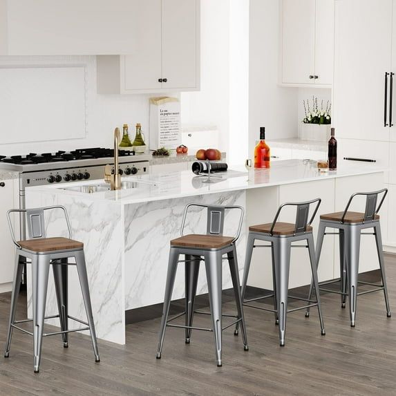 Silver 24" Industrial Swivel Backless Wood and Metal Bar Stools