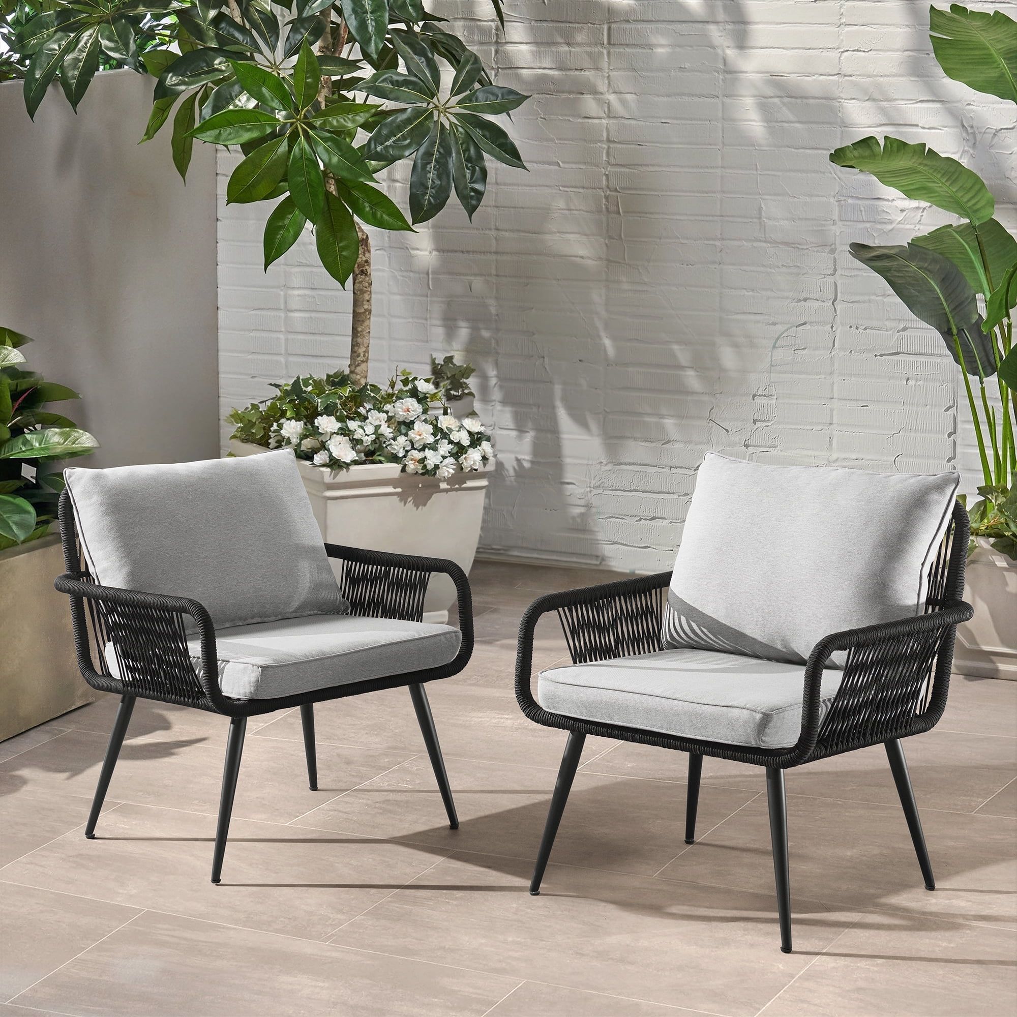 Andover Light Gray Rope Frame Outdoor Dining Chairs with Cushions, Set of Two