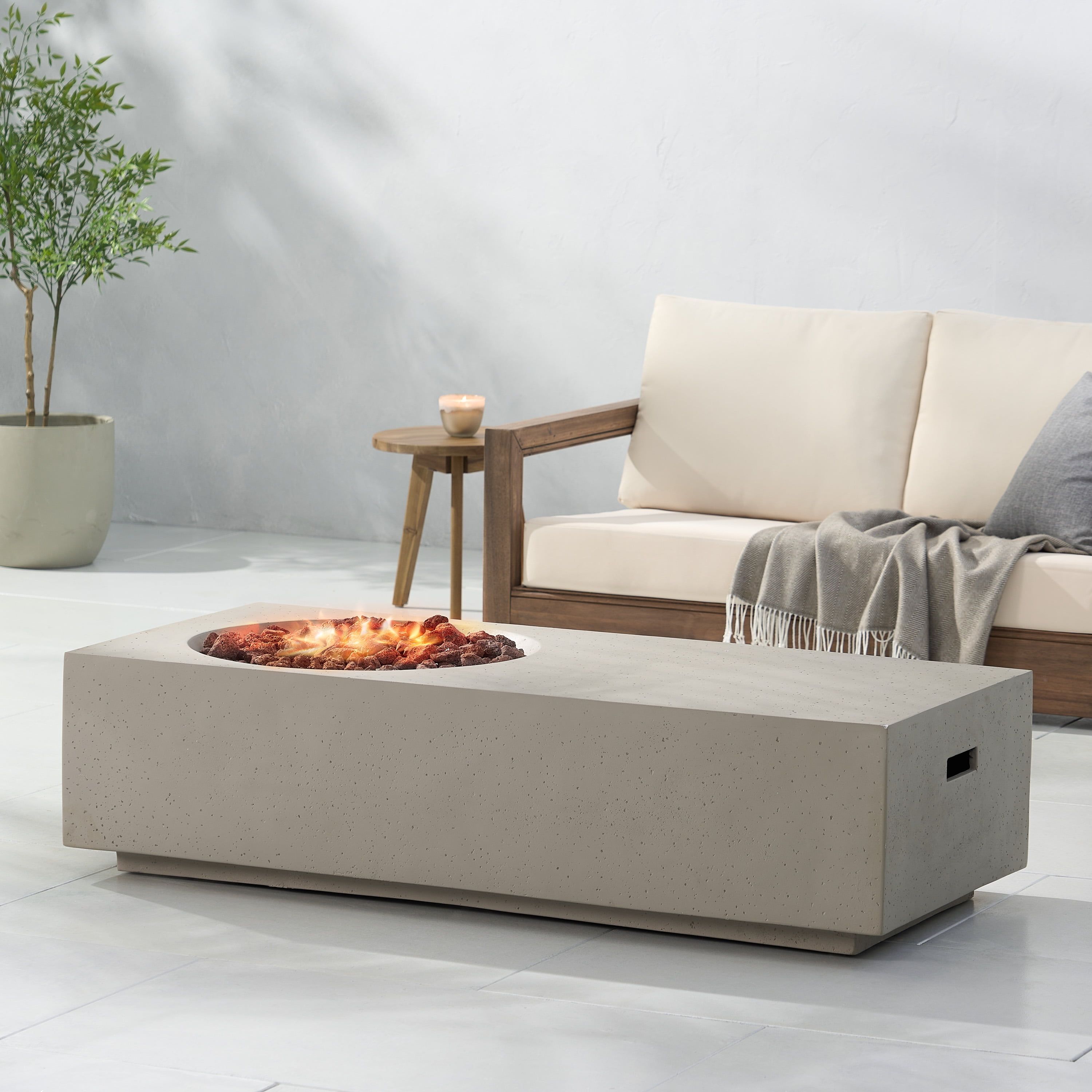 Light Gray Rectangular Concrete Outdoor Fire Pit Table