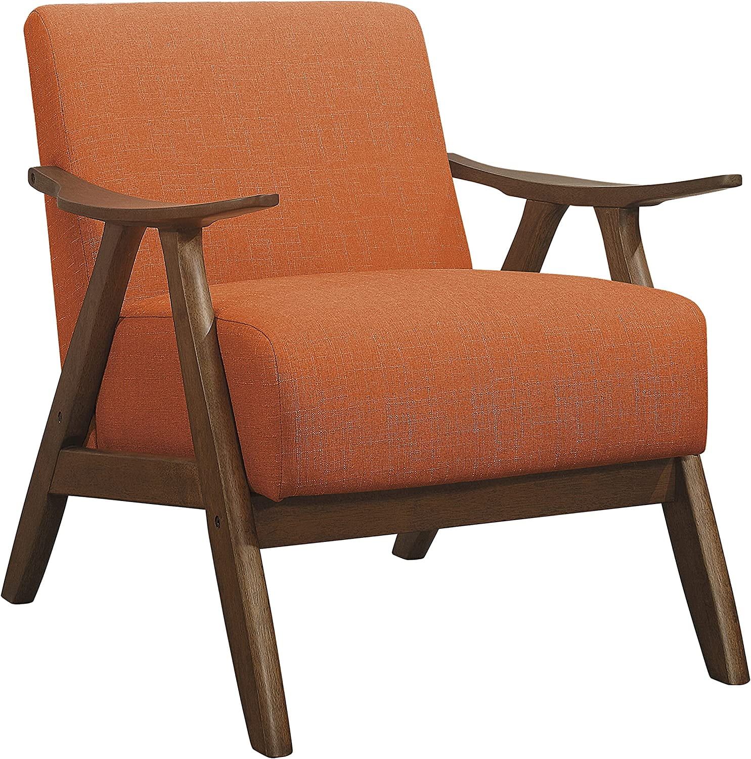 Damala 28.5" Orange Fabric Upholstered Accent Chair with Walnut Wood Frame