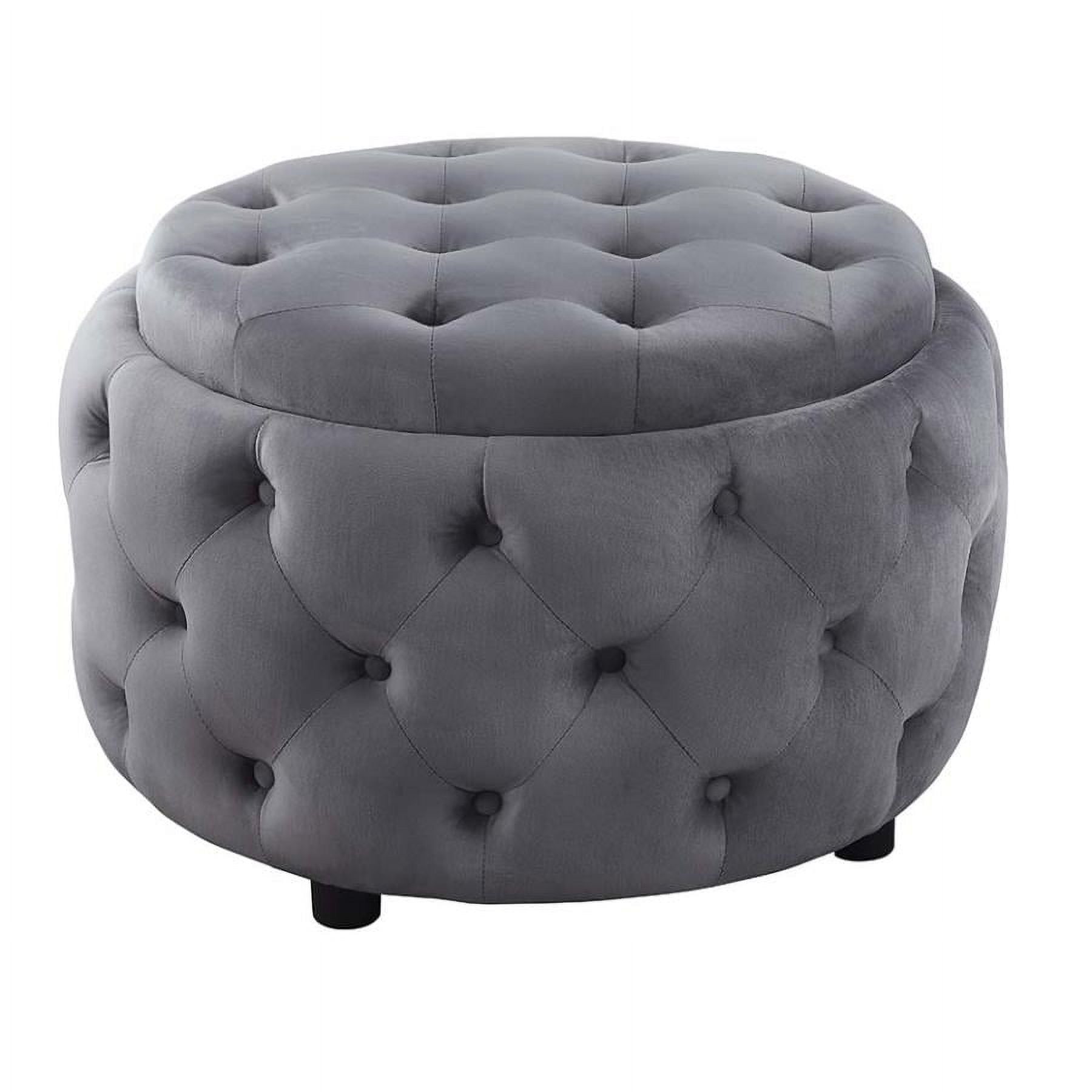 Glamorous Velvet Tufted Round Ottoman in Steel Gray