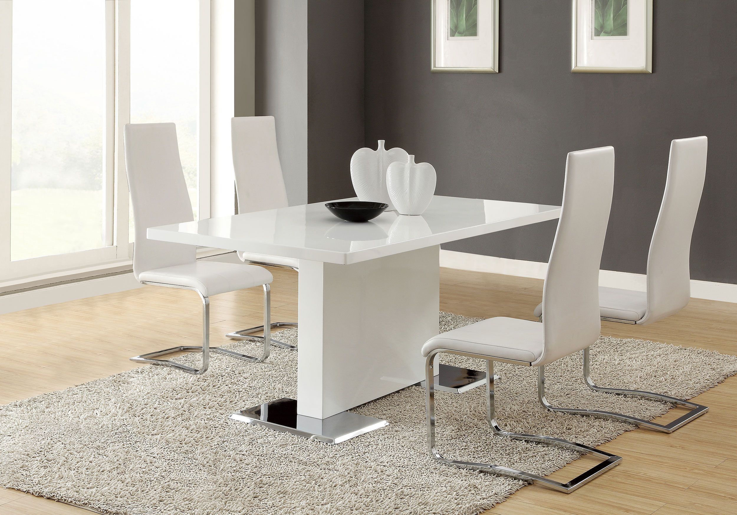 White High Gloss and Chrome 5-Piece Dining Set with Faux Leather Chairs