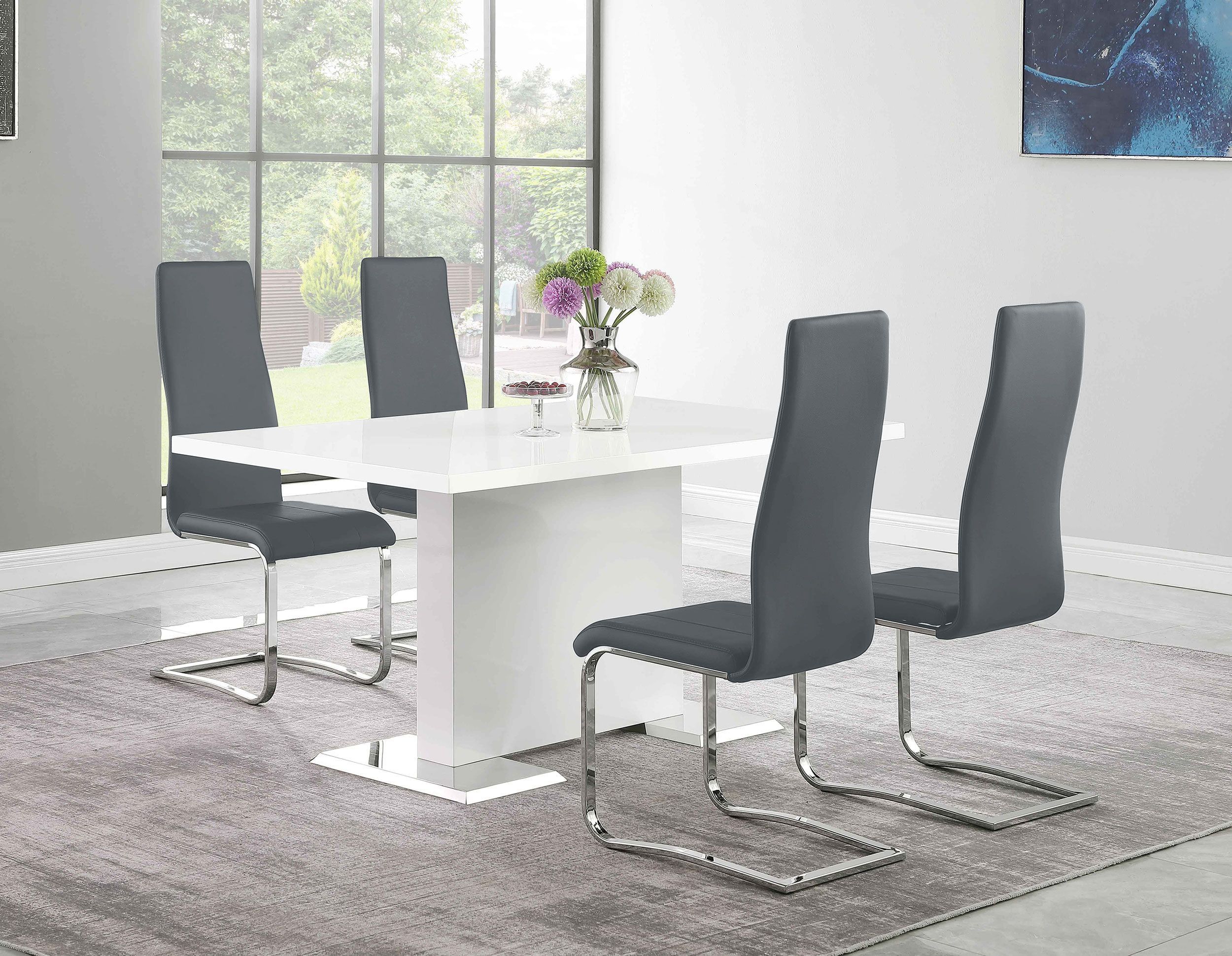 Anges White High Gloss Dining Table with Grey Leatherette Chairs