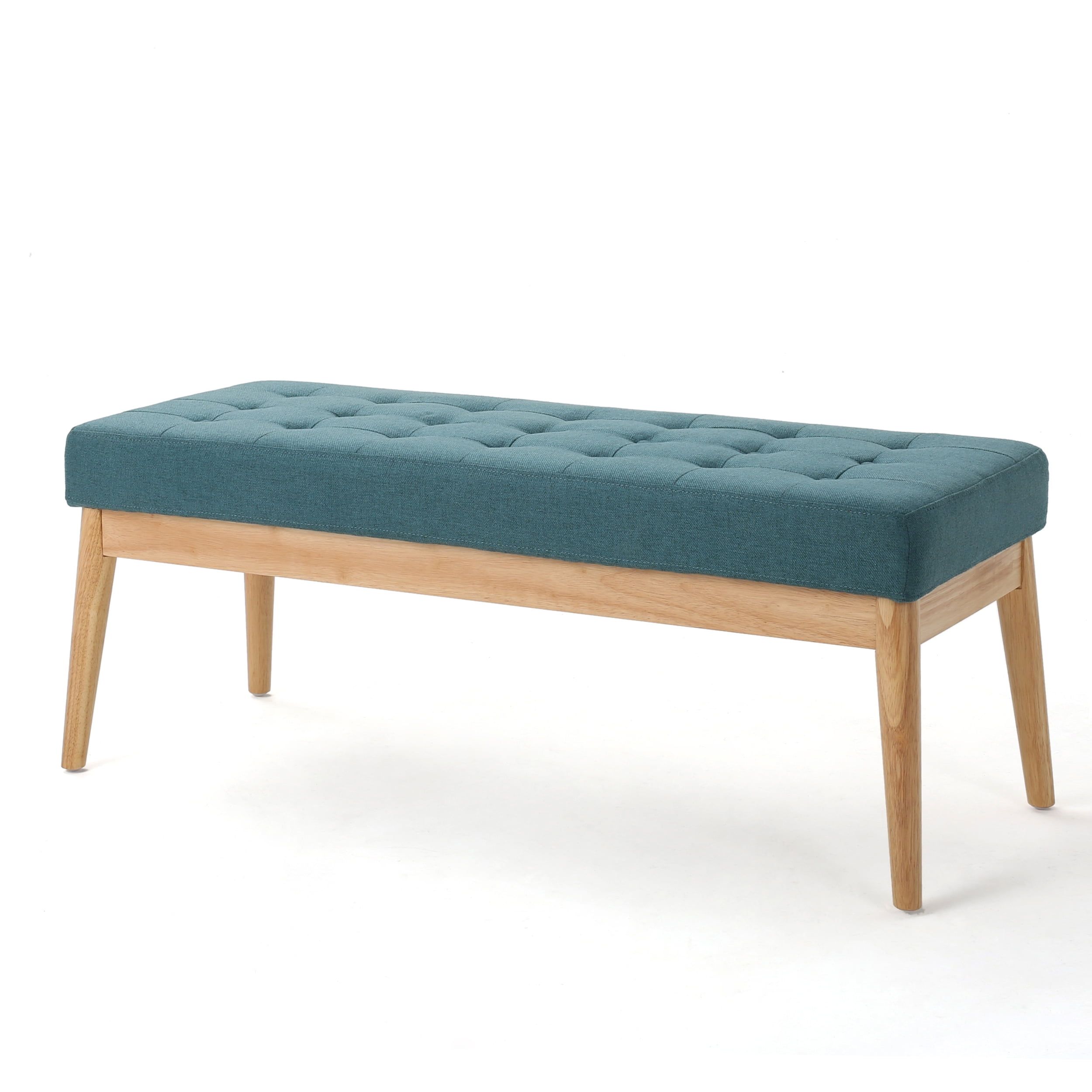 Midcentury Dark Teal Tufted Fabric Bedroom Bench