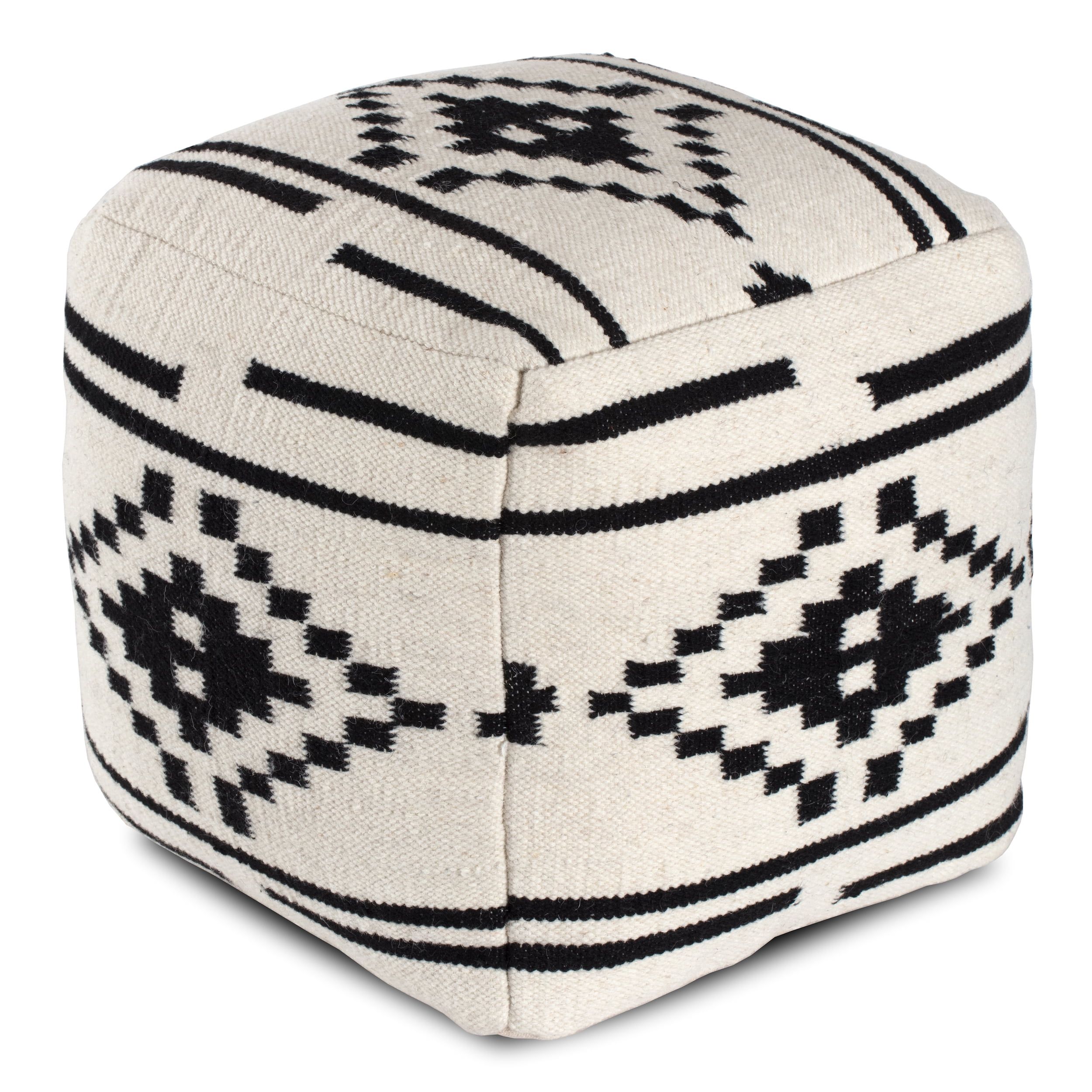 Handcrafted Geometric Black & White Wool-Cotton Pouf, 20"