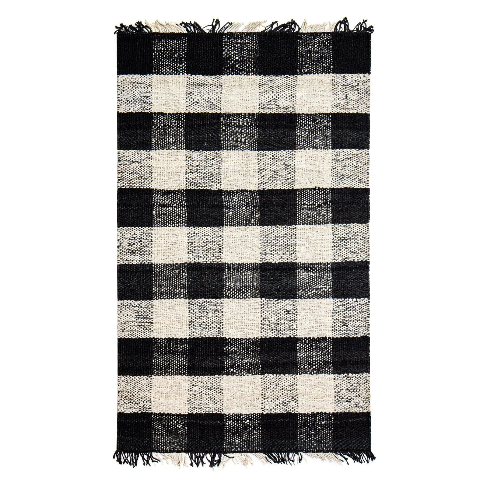 Handmade Black and Ivory Wool 8' x 10' Plaid Rug