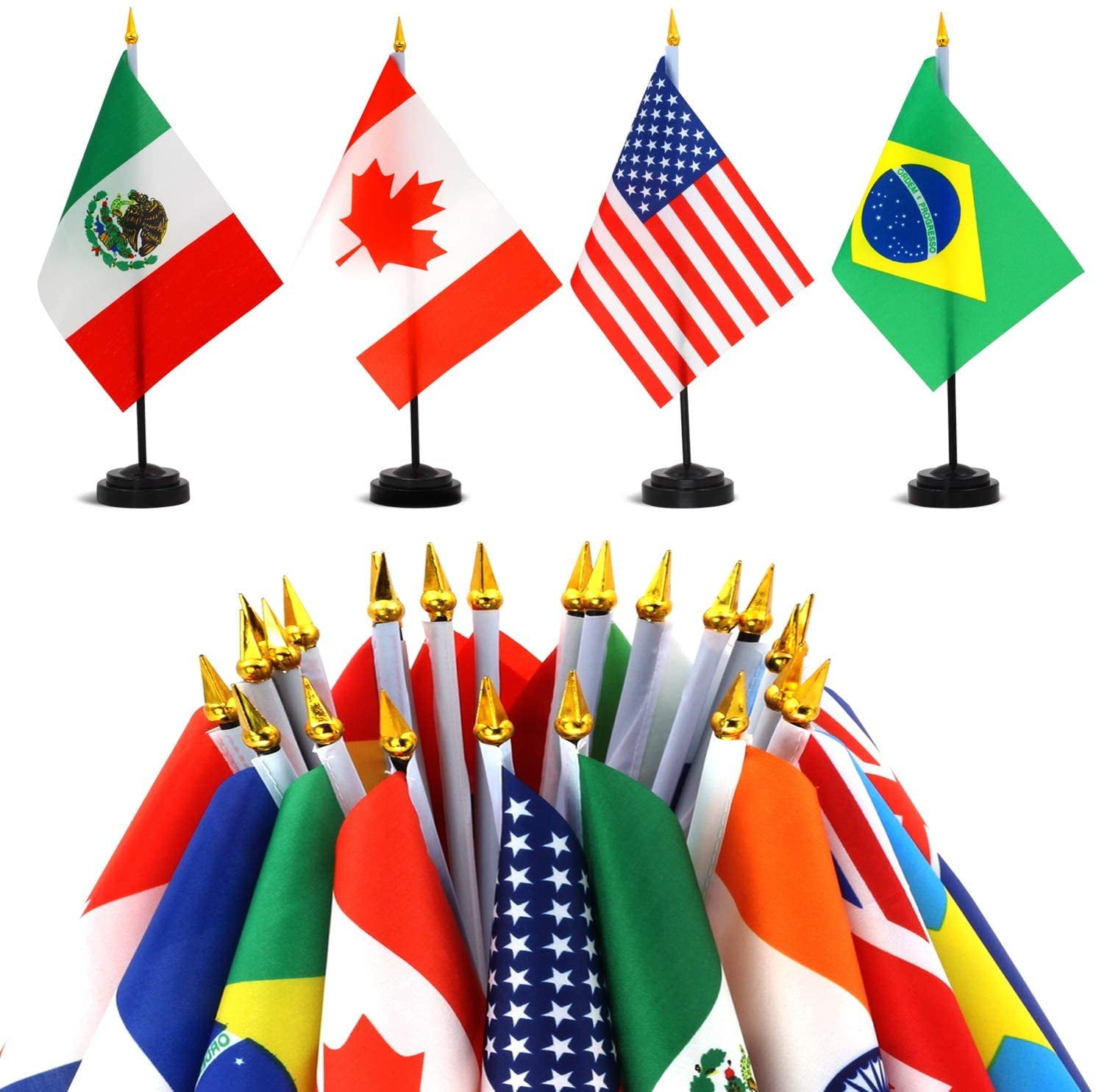 Patriotic 24 Countries Mini Desk Flags Set with Black Poles