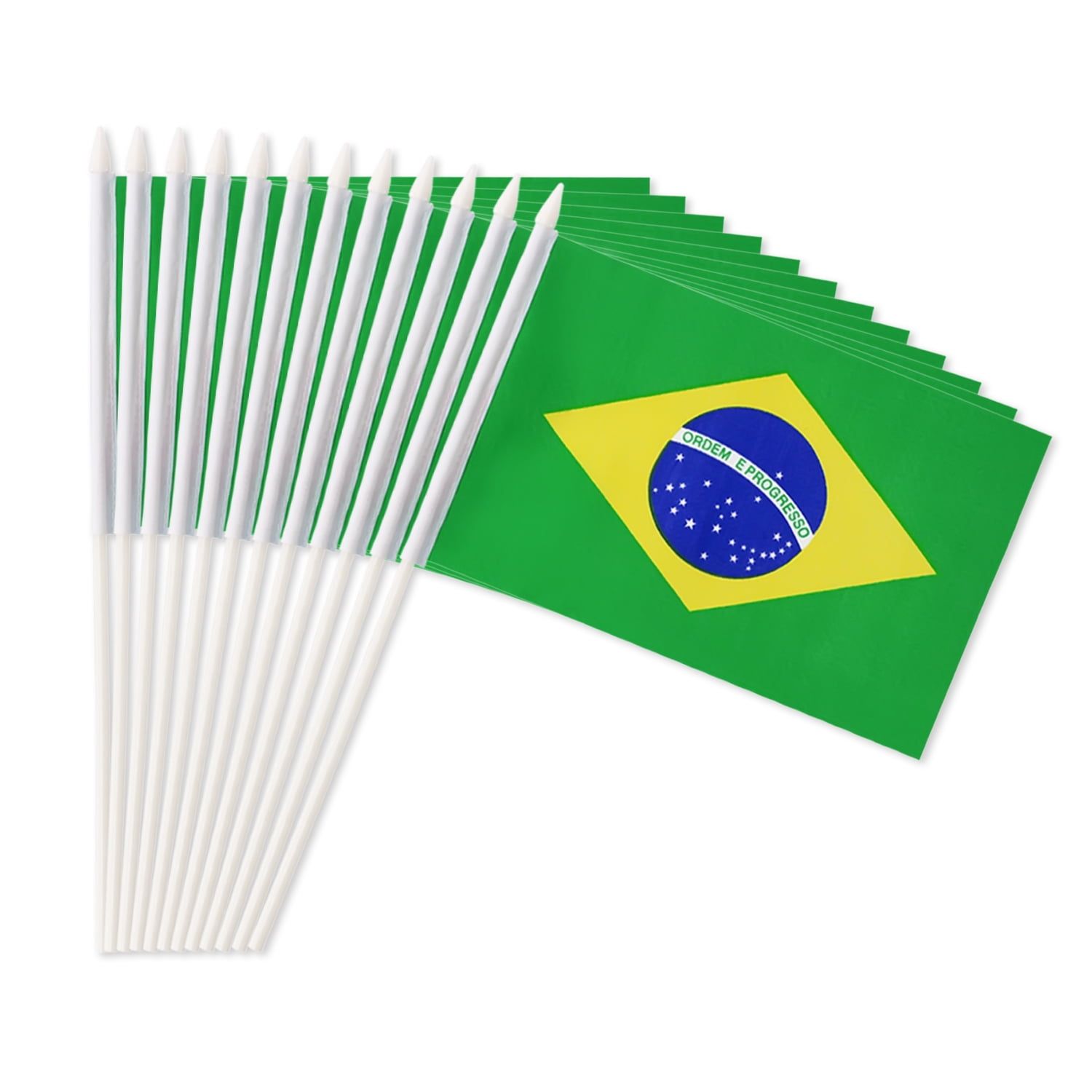 Brazilian Miniature Handheld Flags with Plastic Poles, 12 Pack