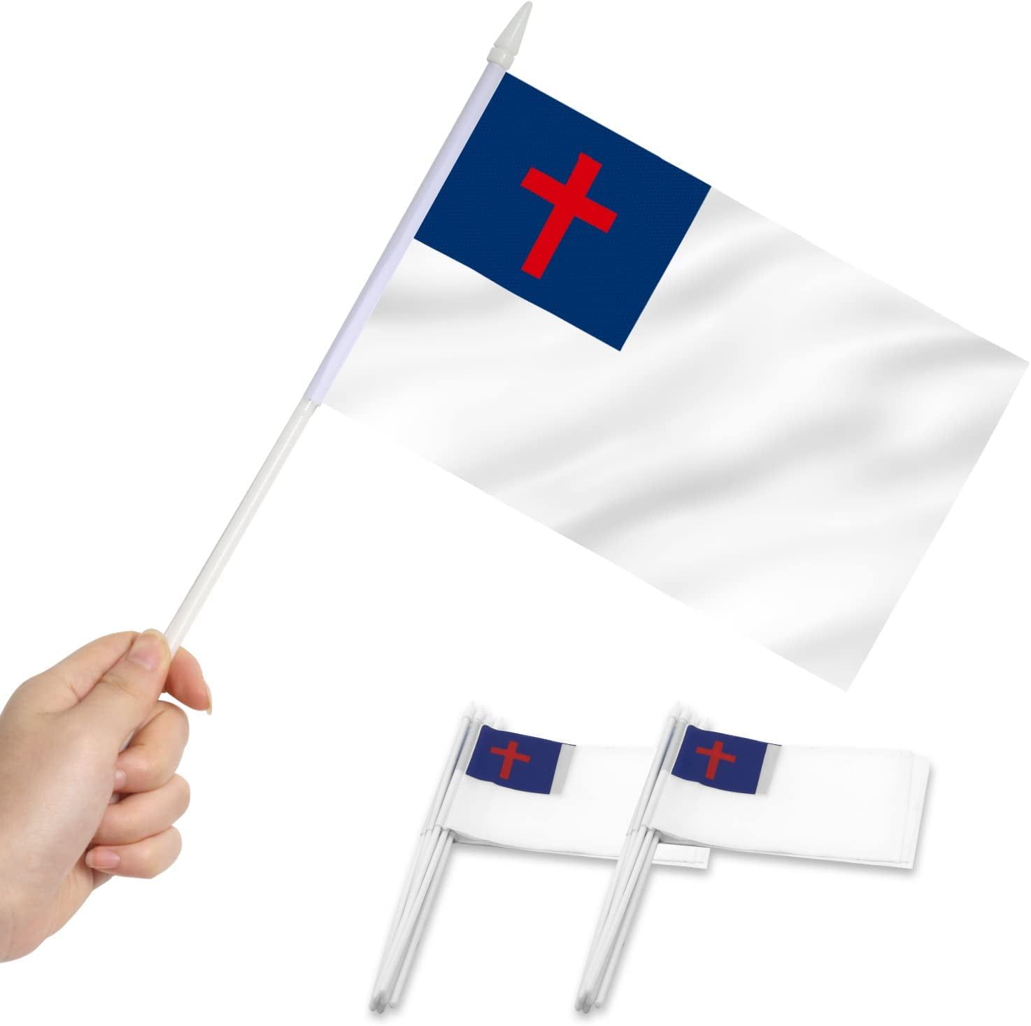 Mini Christian Handheld Flags with Plastic Sticks, 12 Pack