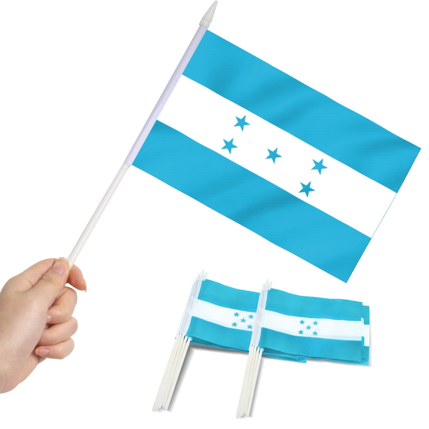 Honduras Mini Handheld Polyester Flags with Plastic Sticks, 12 Pack