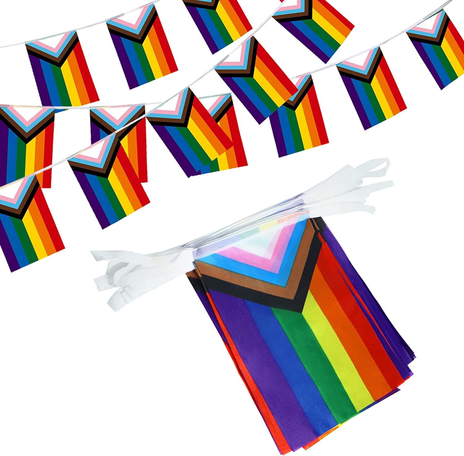 Progress Pride Rainbow String Flag Banner, 33 Feet with 32 Flags