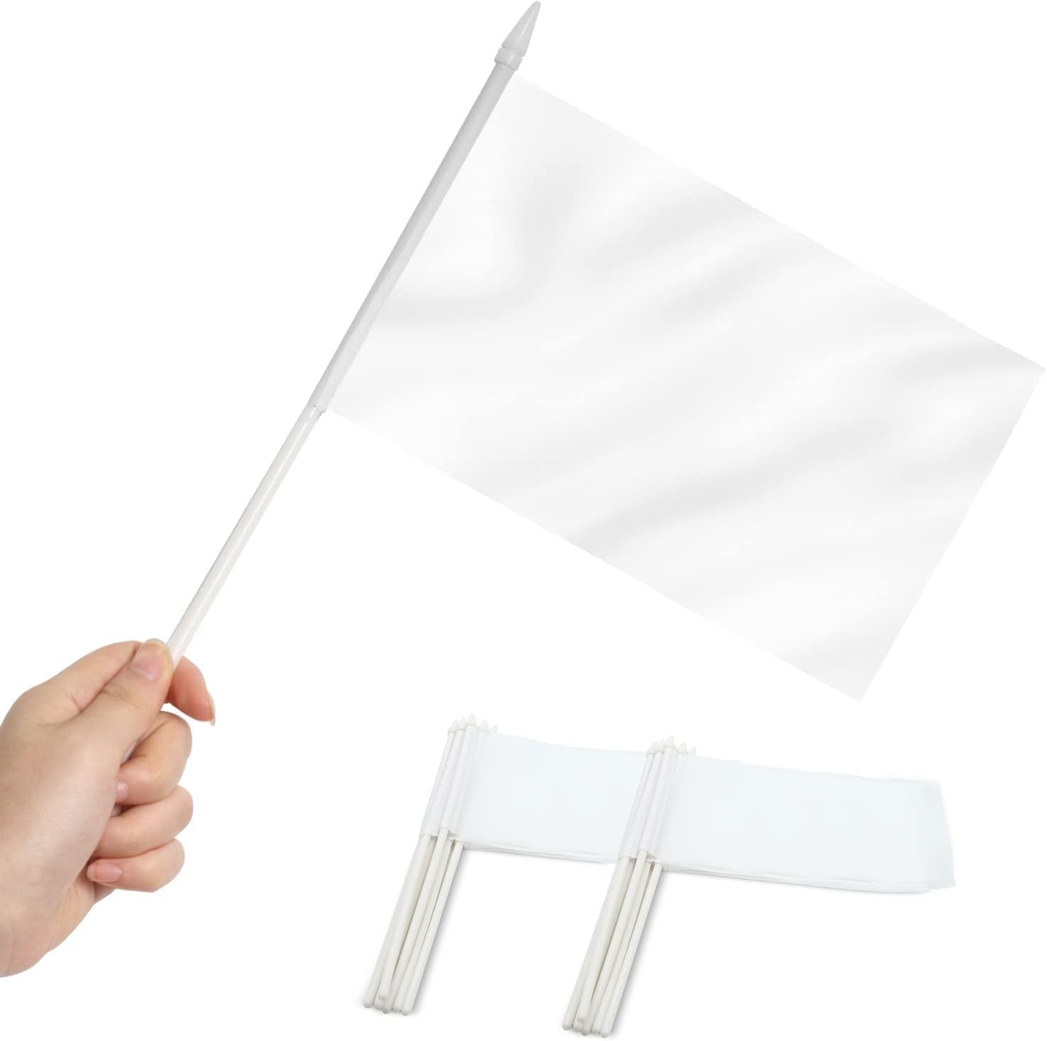 White Mini Handheld Polyester Flags with Plastic Sticks, 5x8 Inch, 12 Pack