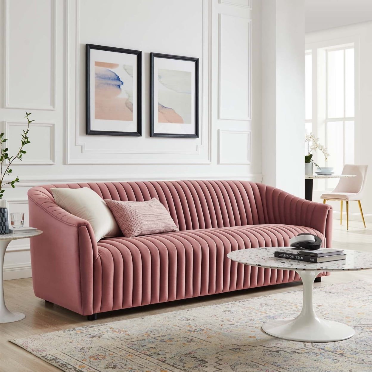 Dusty Rose Velvet 91'' Channel Tufted Sofa