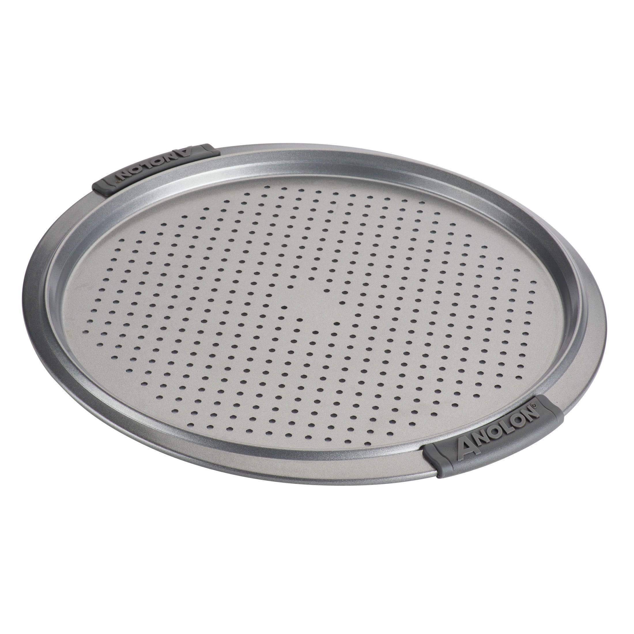 Gray Nonstick Round Perforated Pizza Pan with Silicone Grips