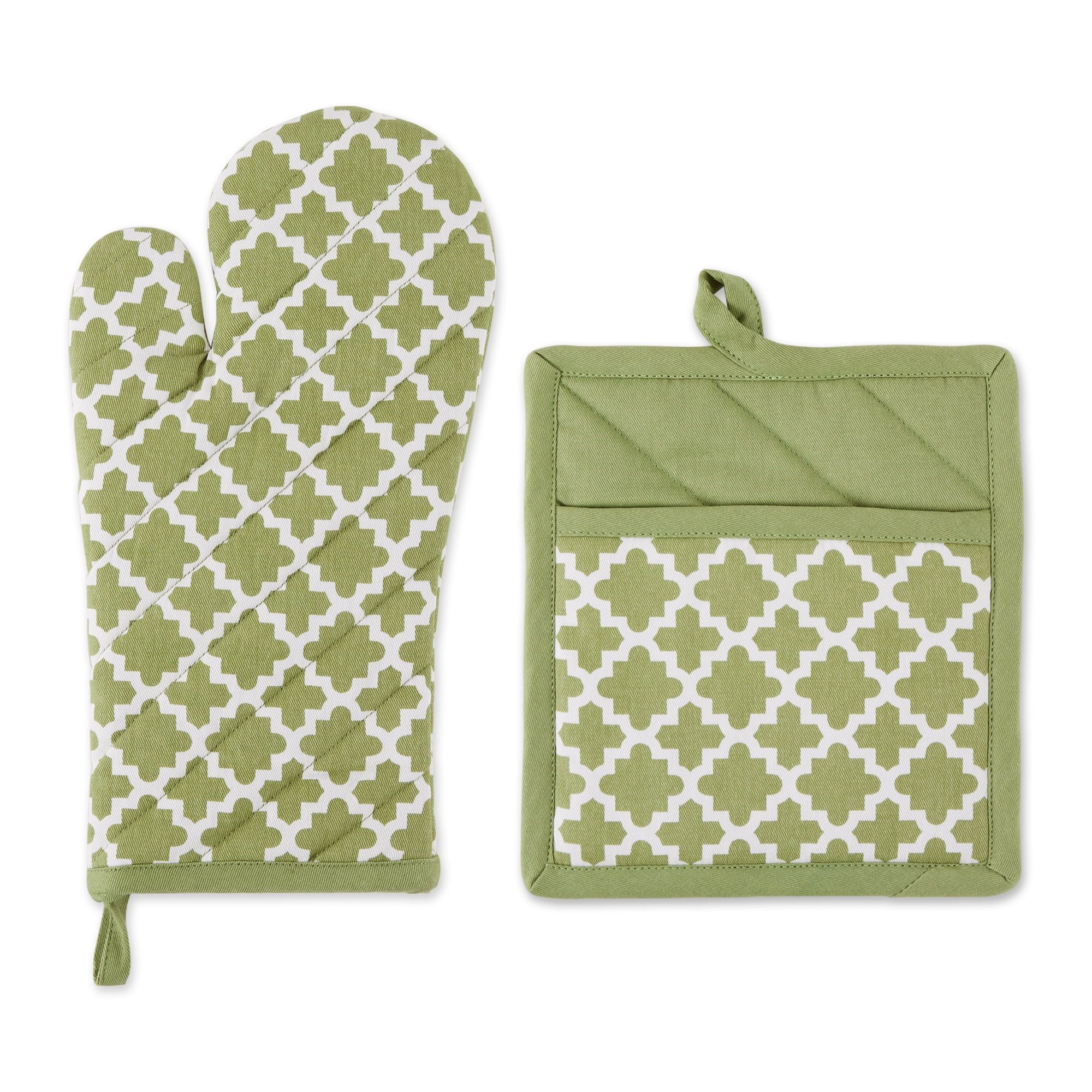 Antique Green Cotton Lattice Oven Mitt and Pot Holder Set