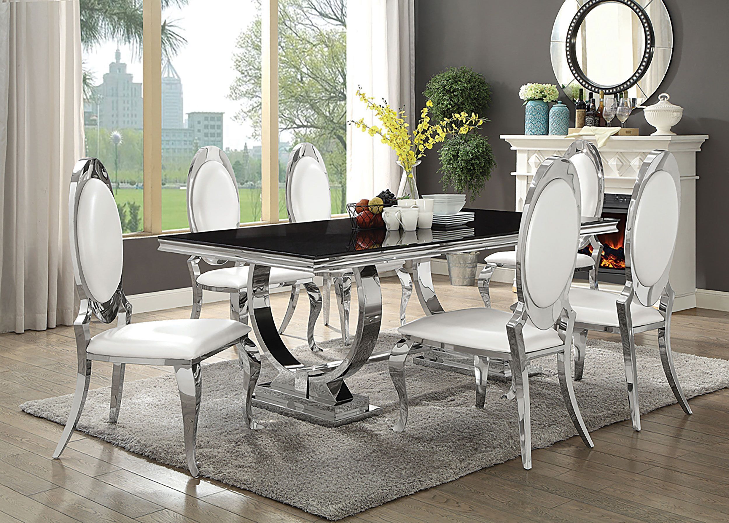 Glam Black and Chrome 7-Piece Dining Set with Oval Back Chairs