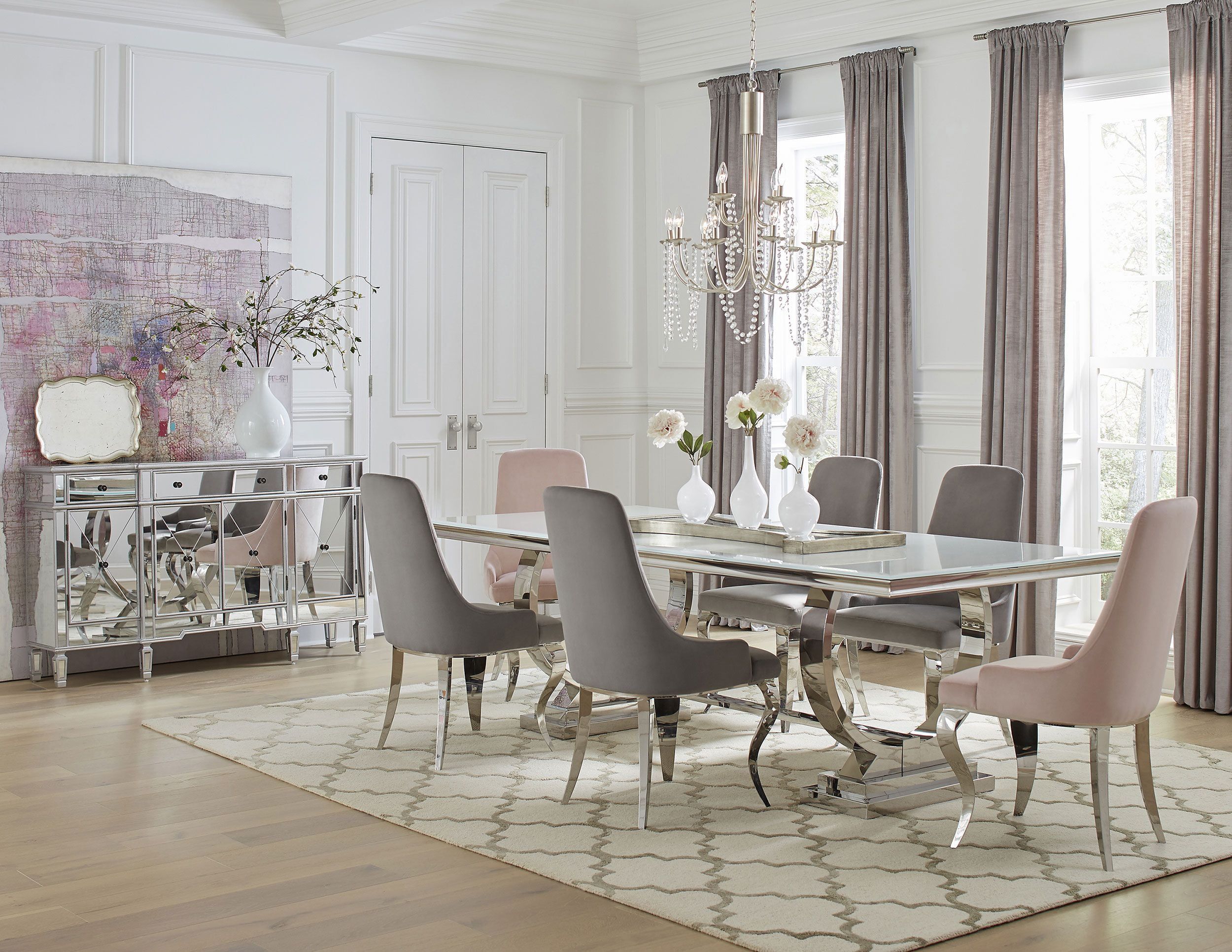 Antoine Chrome 7-Piece Dining Set with Pink and Grey Velvet Chairs