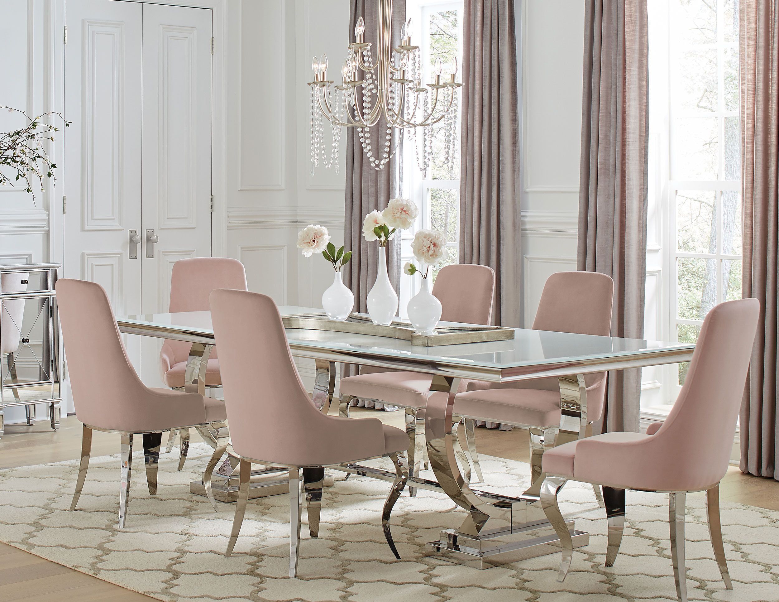 Elegant Light Pink Velvet and Chrome 7-Piece Dining Set