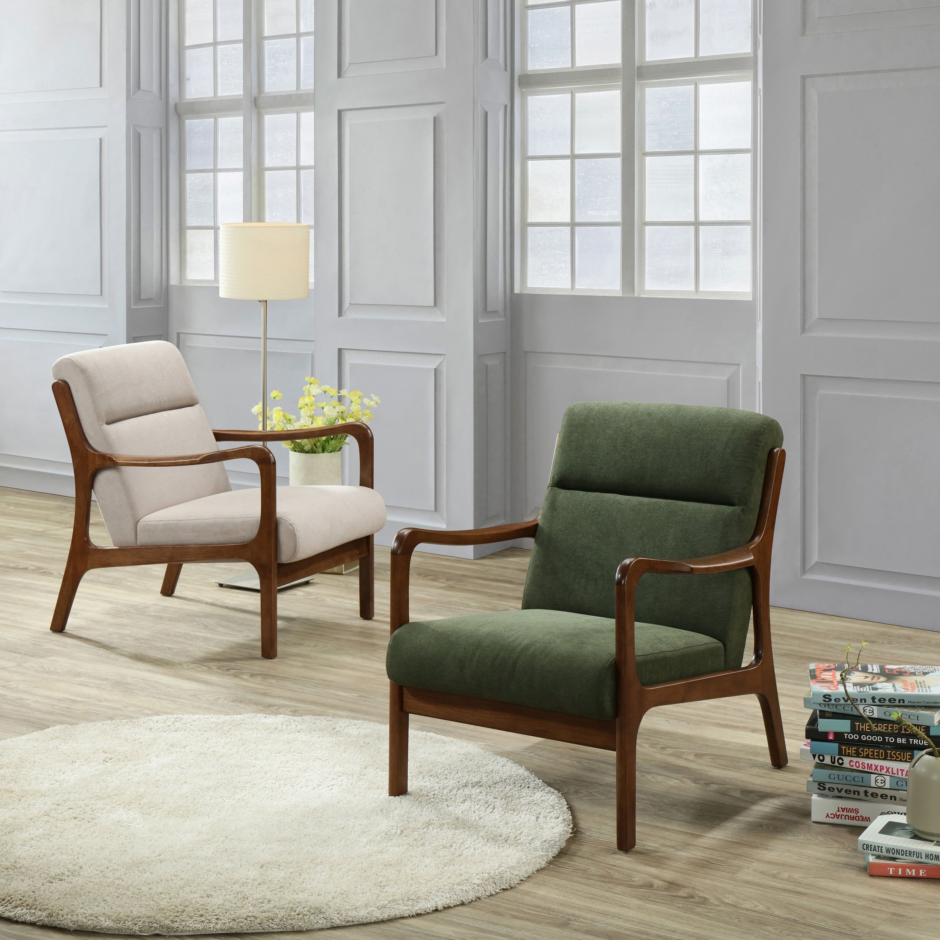 Anton Mid-Century Dark Green Accent Chair with Walnut Frame