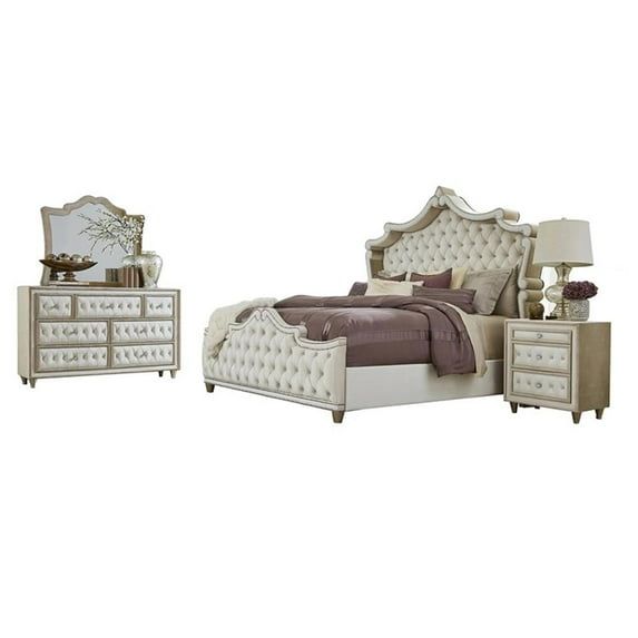 Antonella California King Beige Velvet Upholstered 4-Piece Bedroom Set
