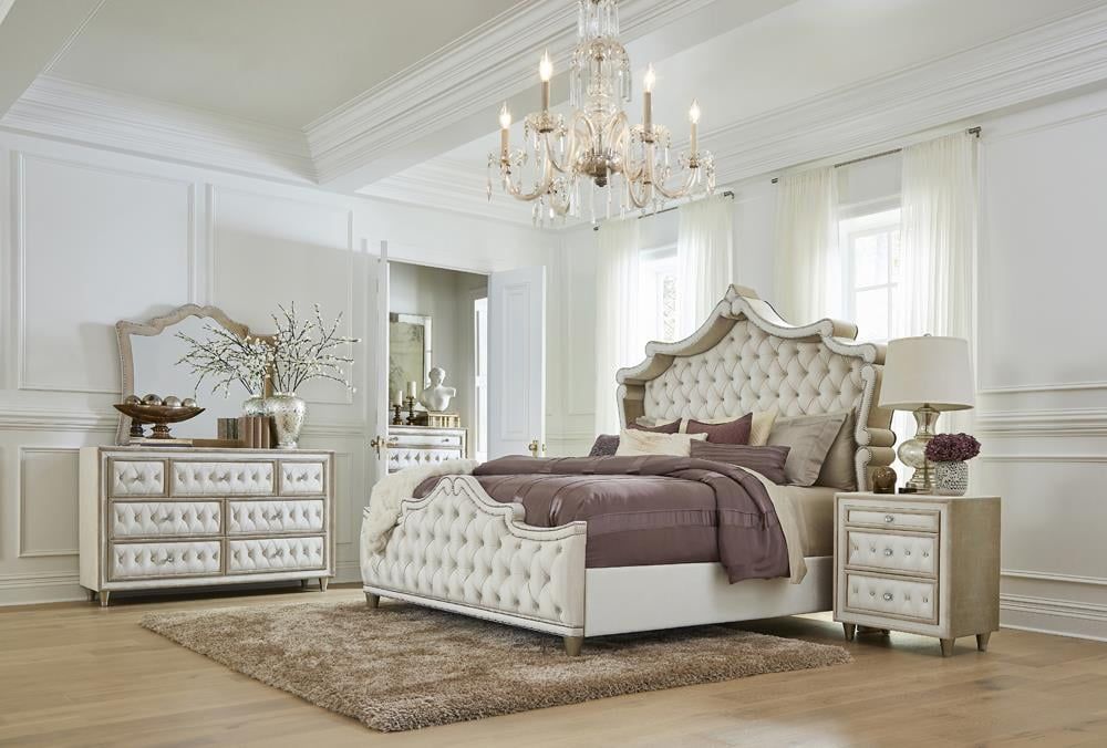 Antonella King Size Beige Velvet Upholstered 5-Piece Bedroom Set