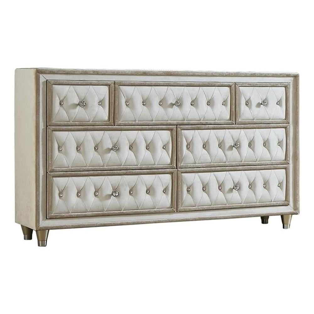 Ivory and Camel 7-Drawer Upholstered Dresser with Crystal Knobs