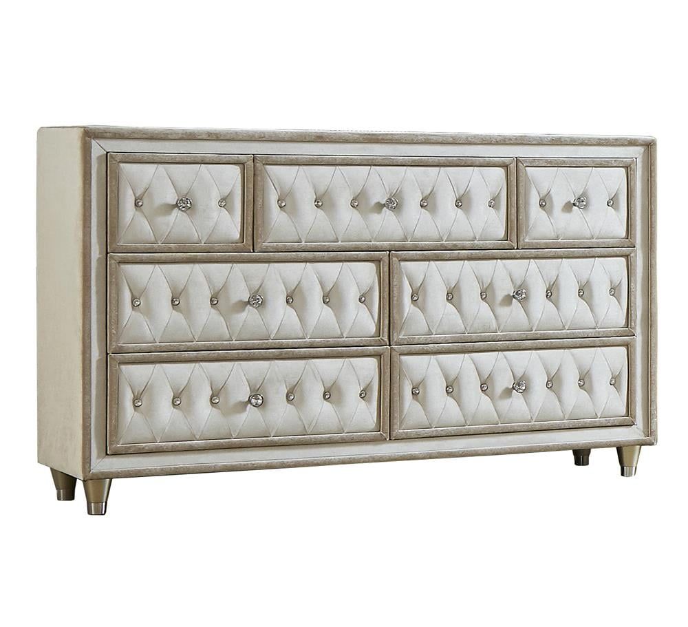 Ivory and Camel 7-Drawer Upholstered Dresser with Crystal Knobs