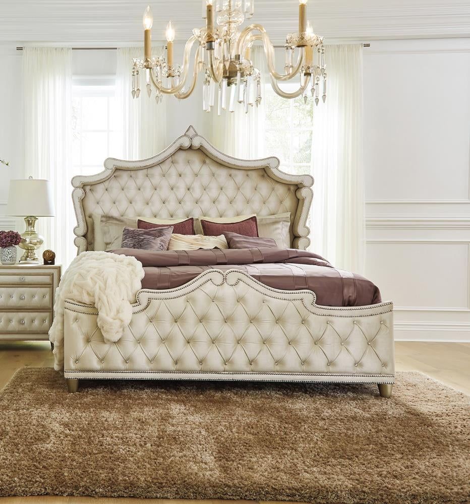 Ivory and Camel Velvet King Bed with Nailhead Trim