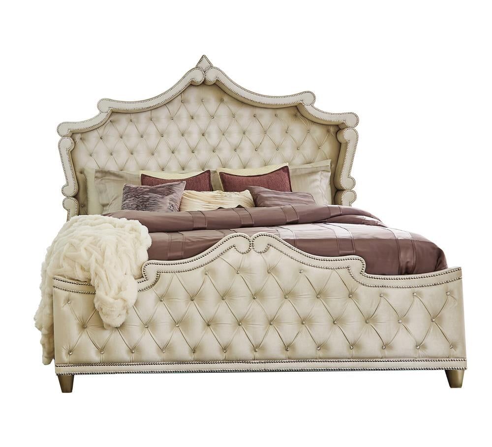 King Cream Tufted Upholstered Bed with Nailhead Trim