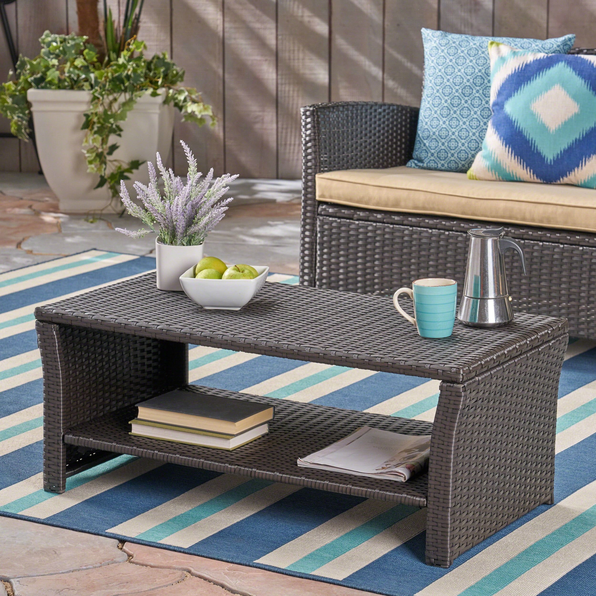 Brown Rectangular Wicker Outdoor Coffee Table with Steel Frame