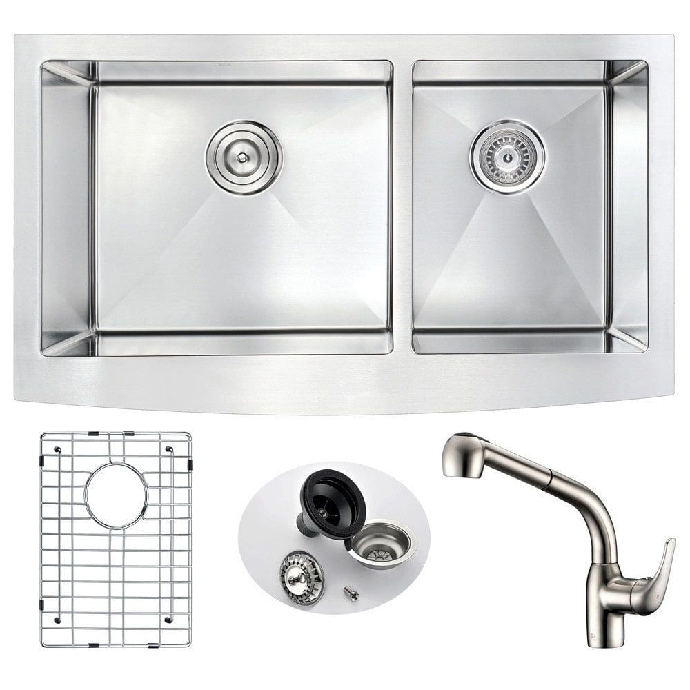 Elysian 33" Stainless Steel Double Basin Farmhouse Sink with Brass Faucet