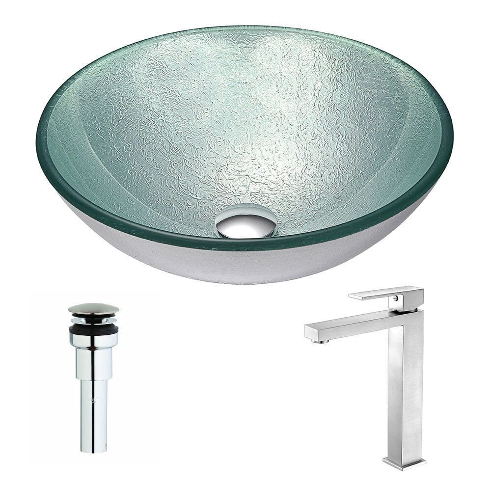 Churning Silver Glass Vessel Sink with Brushed Nickel Faucet