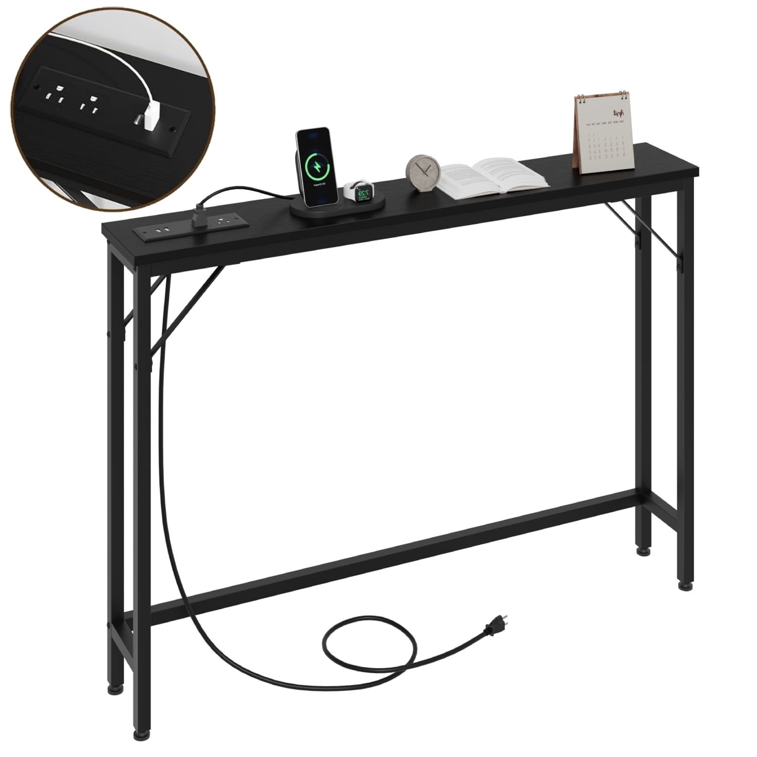 Black Narrow Console Table with Outlets and Storage