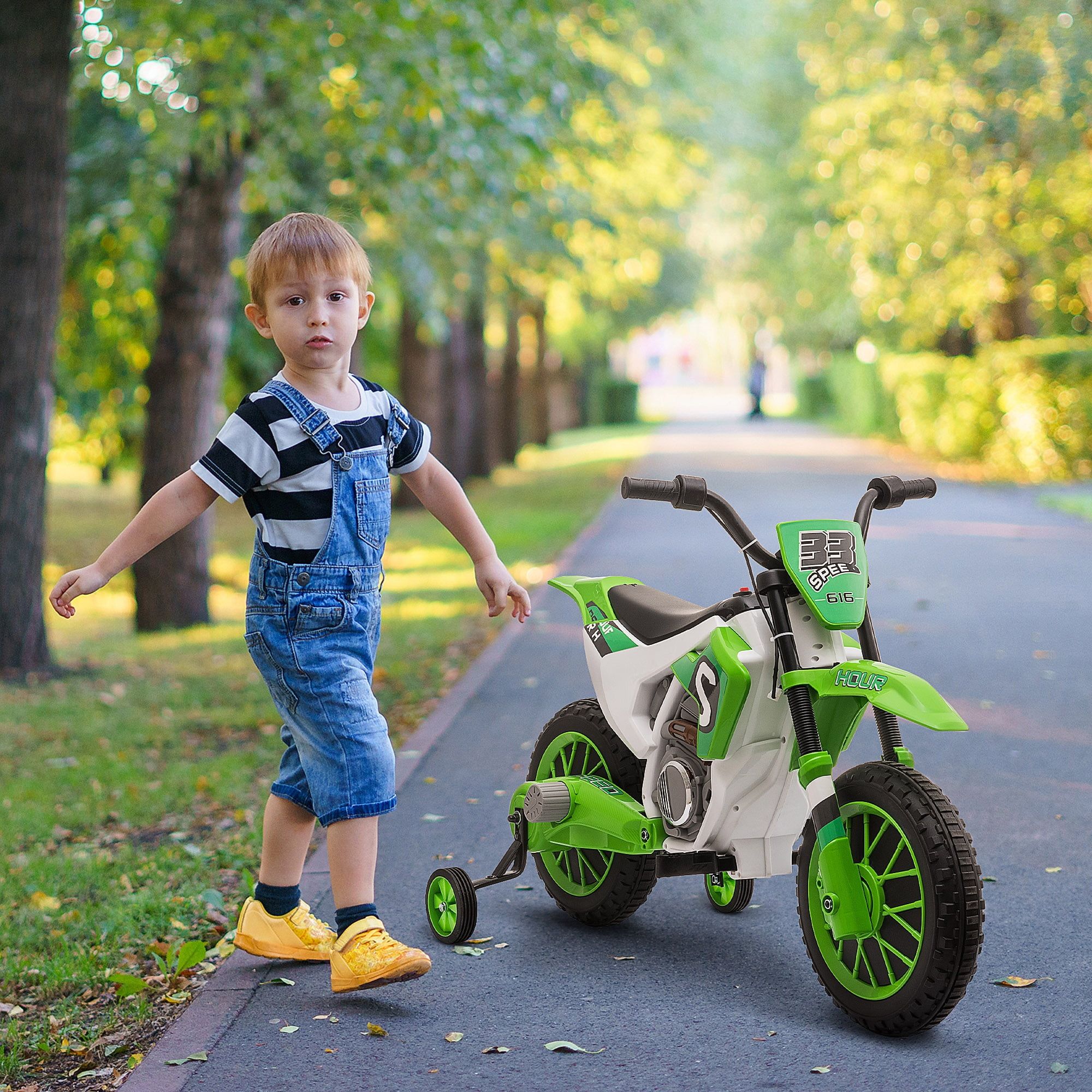 Green 12V Kids Electric Motorcycle with Training Wheels