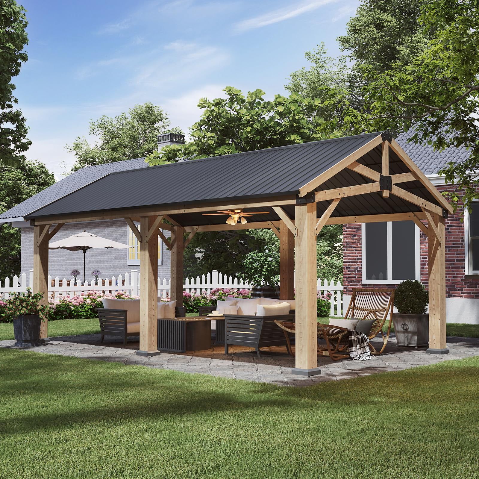 Large Cedar Wood Outdoor Gazebo with Galvanized Steel Roof