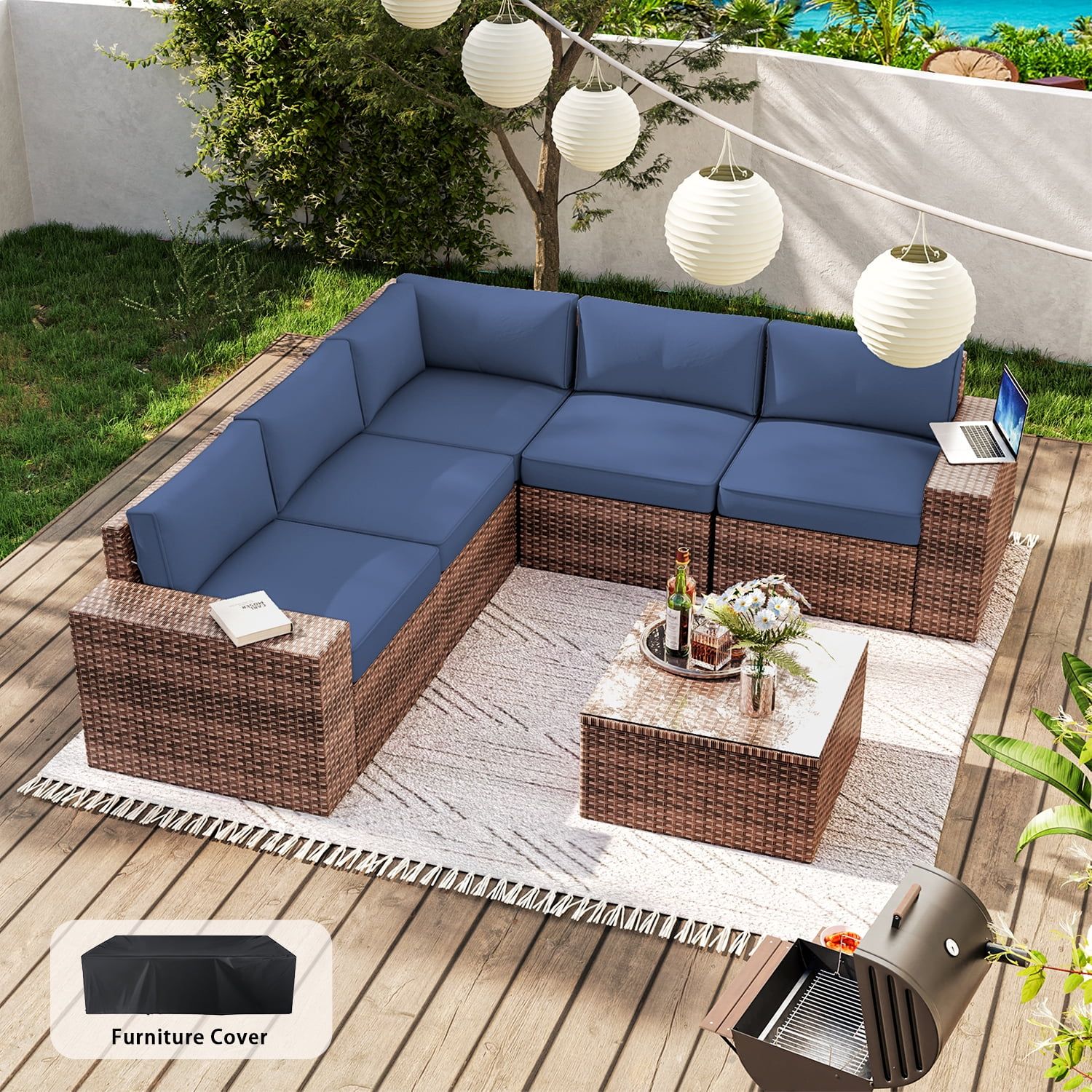 Aoxun 6-Piece Blue Rattan Outdoor Sectional Sofa Set