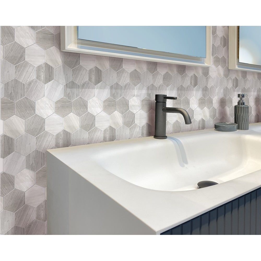 Beige and Gray Polished Marble Hexagon Mosaic Tile