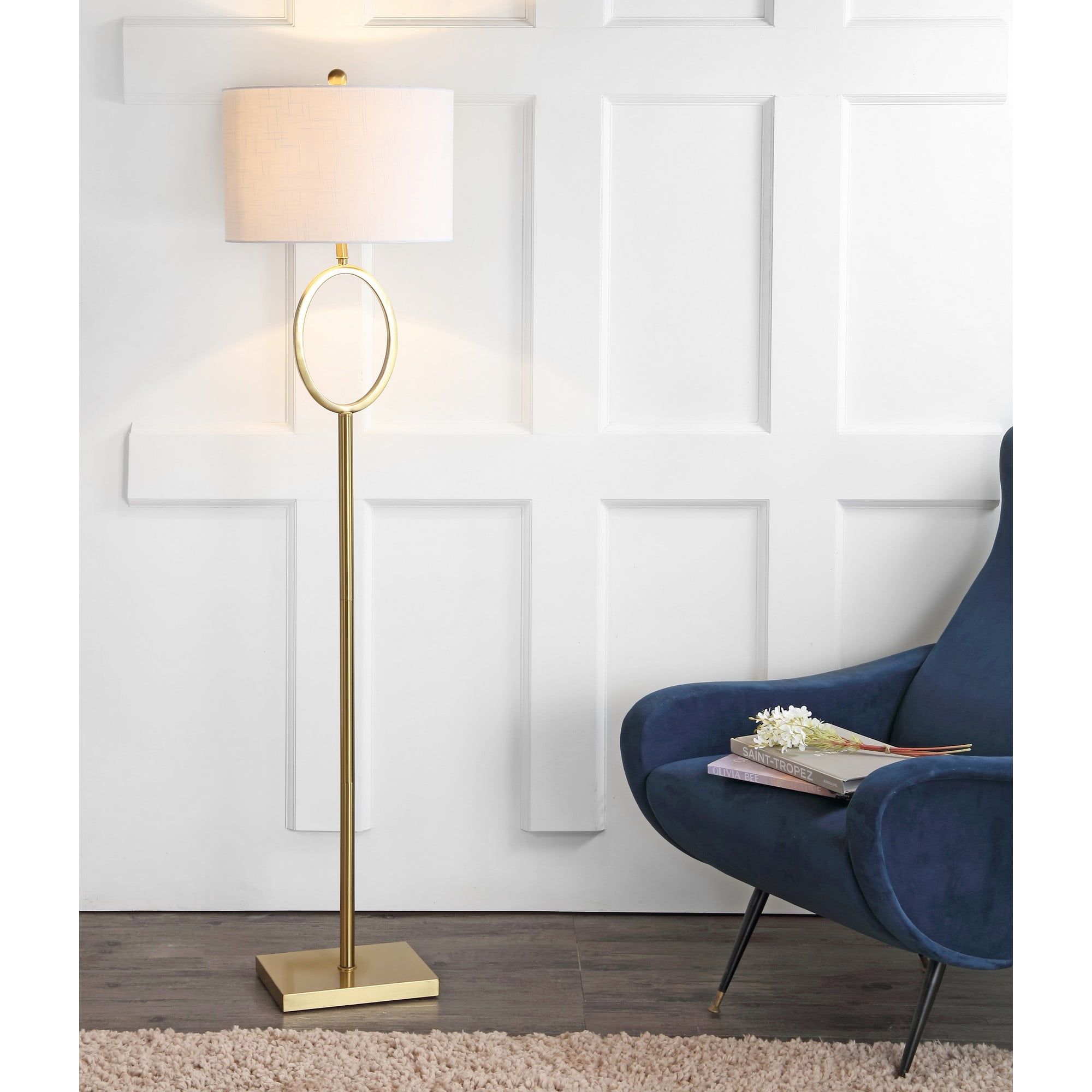 Arc 61" White Cotton Drum Shade Brass Floor Lamp