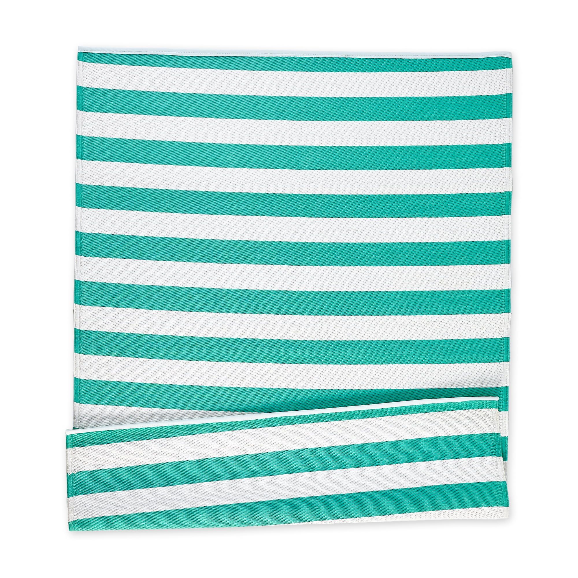 Reversible Aqua & White Striped Synthetic Outdoor Rug 4' x 6'