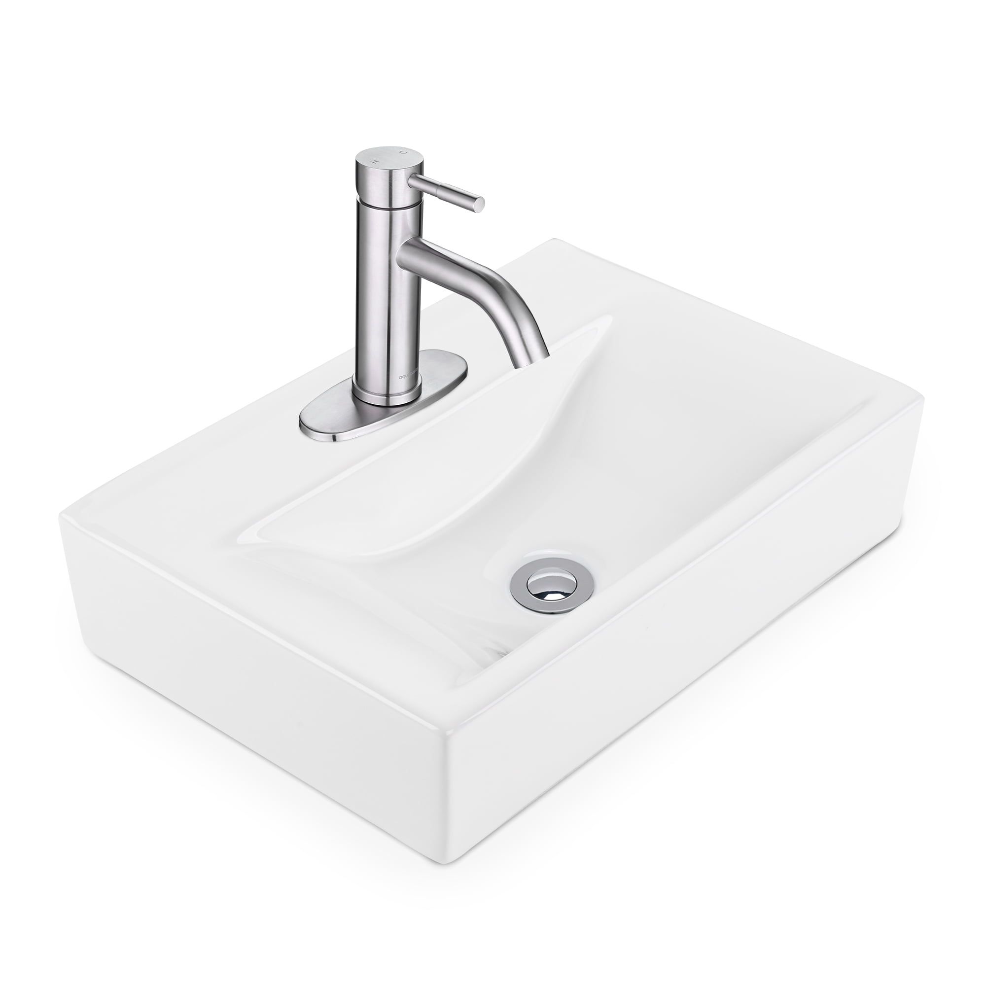 Aquaterior 18" White Ceramic Vessel Sink with Nickel Faucet and Drain Combo