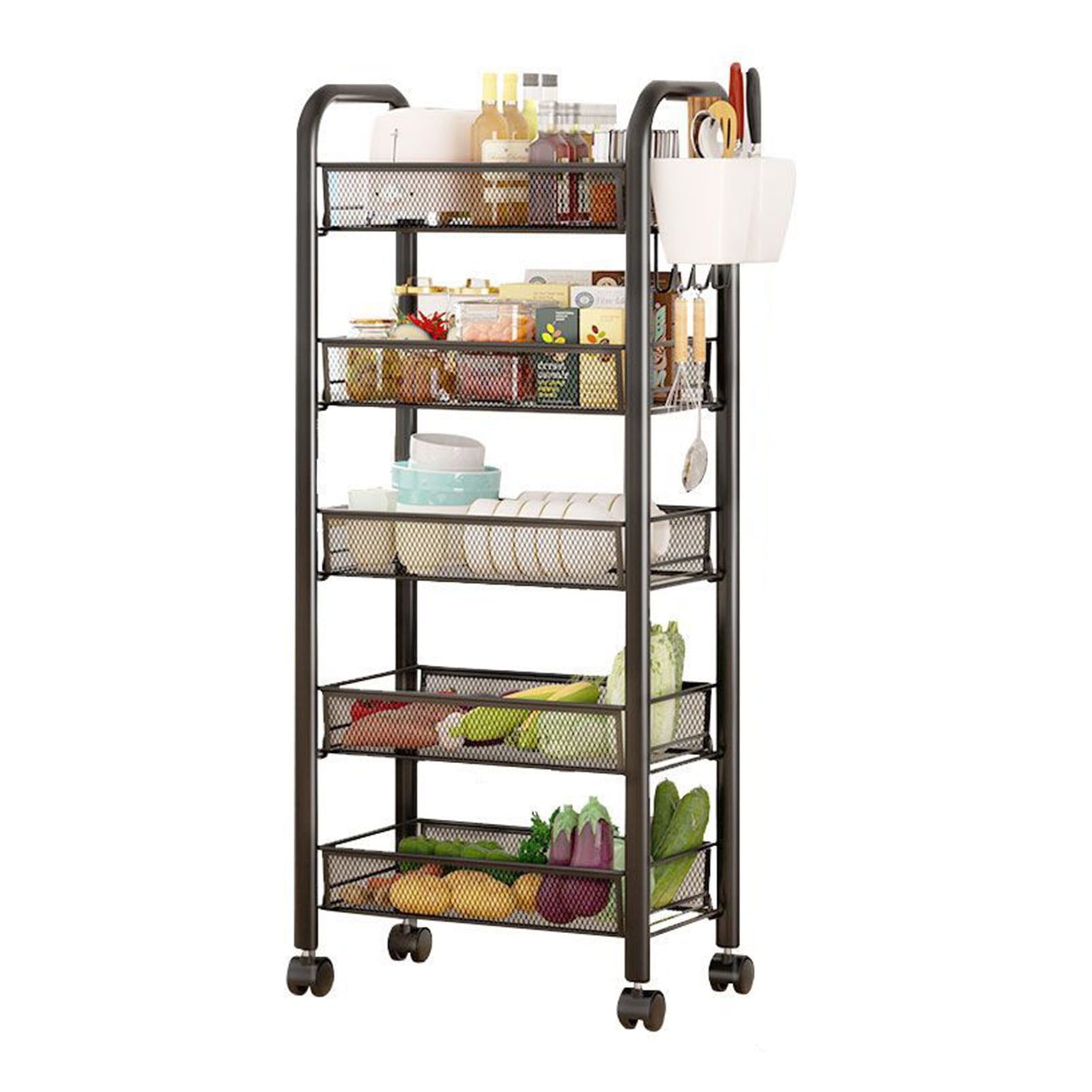 5-Tier Black Metal Mesh Kitchen Storage Cart with Wheels