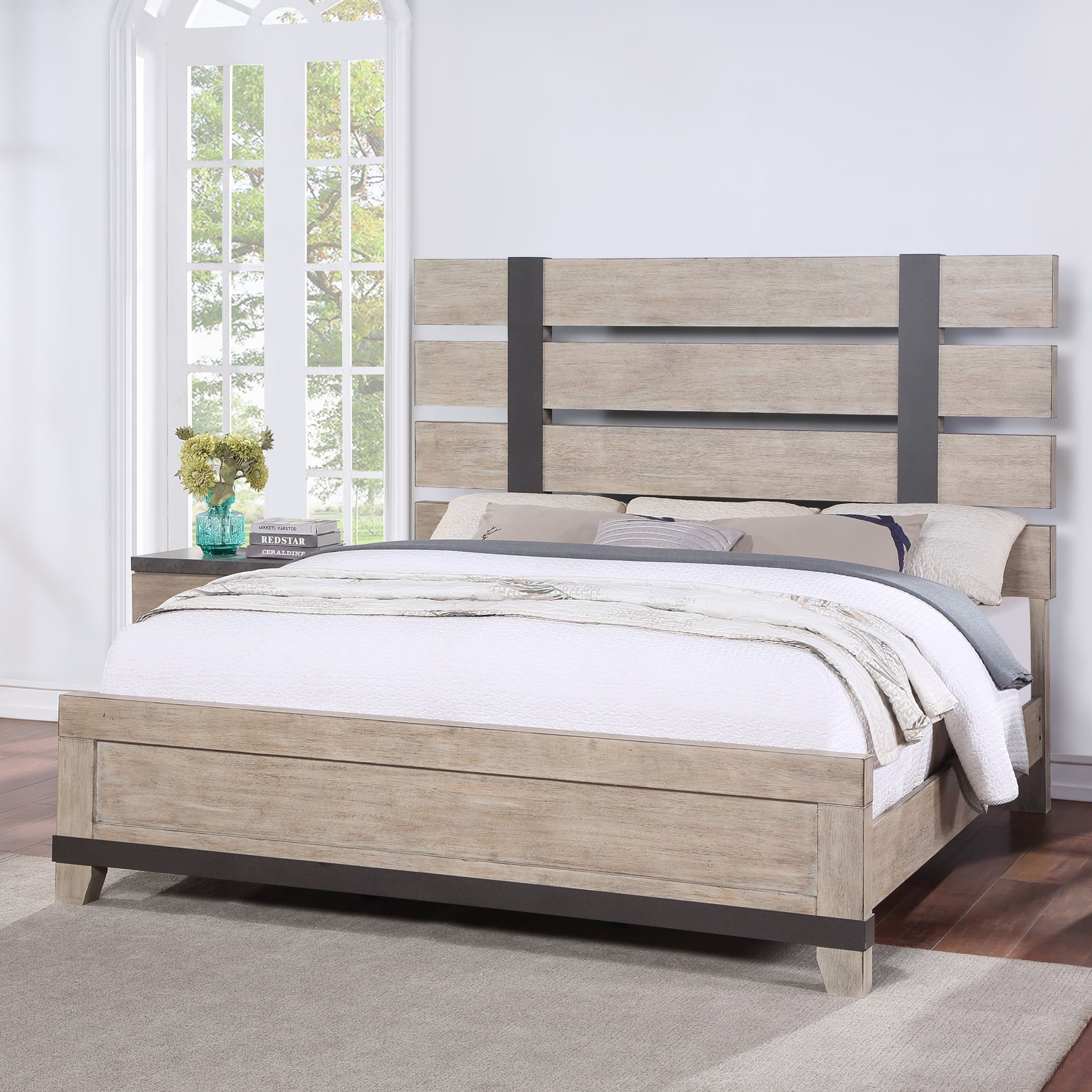 Arbela King Weathered Oak Slatted Panel Bed with Headboard