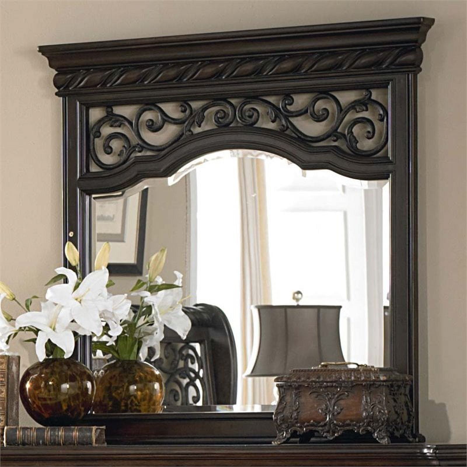 Arbor Place Dark Brown Wood Landscape Mirror with Brass Accents