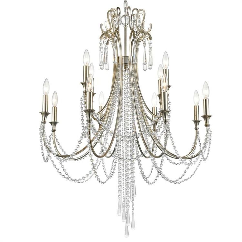 Antique Silver 12-Light Crystal Candle Chandelier