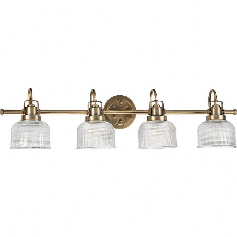 Vintage Brass Four-Light Bathroom Vanity Fixture with Prismatic Glass Shades