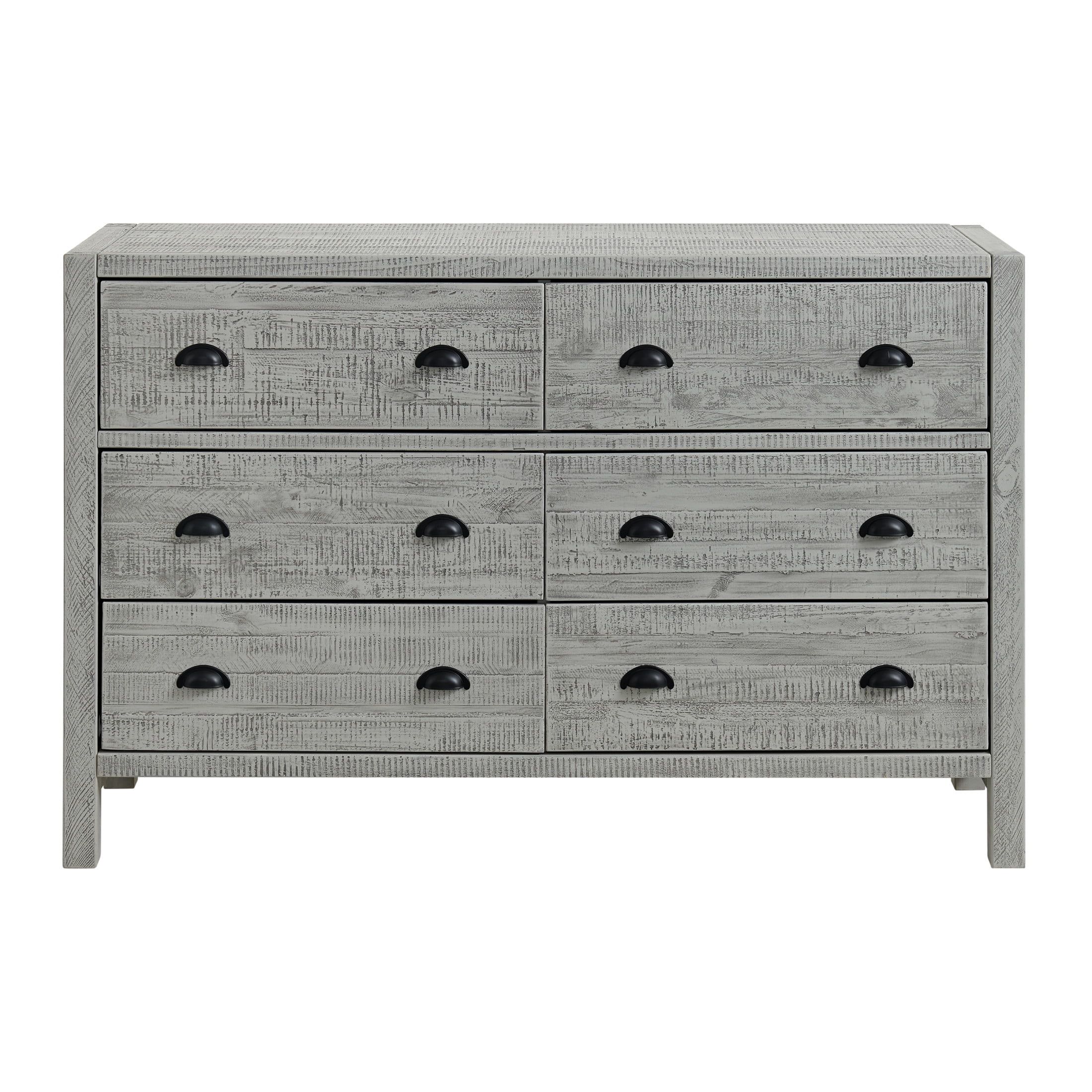 Bohemian Driftwood Gray 6-Drawer Solid Pine Wood Double Dresser