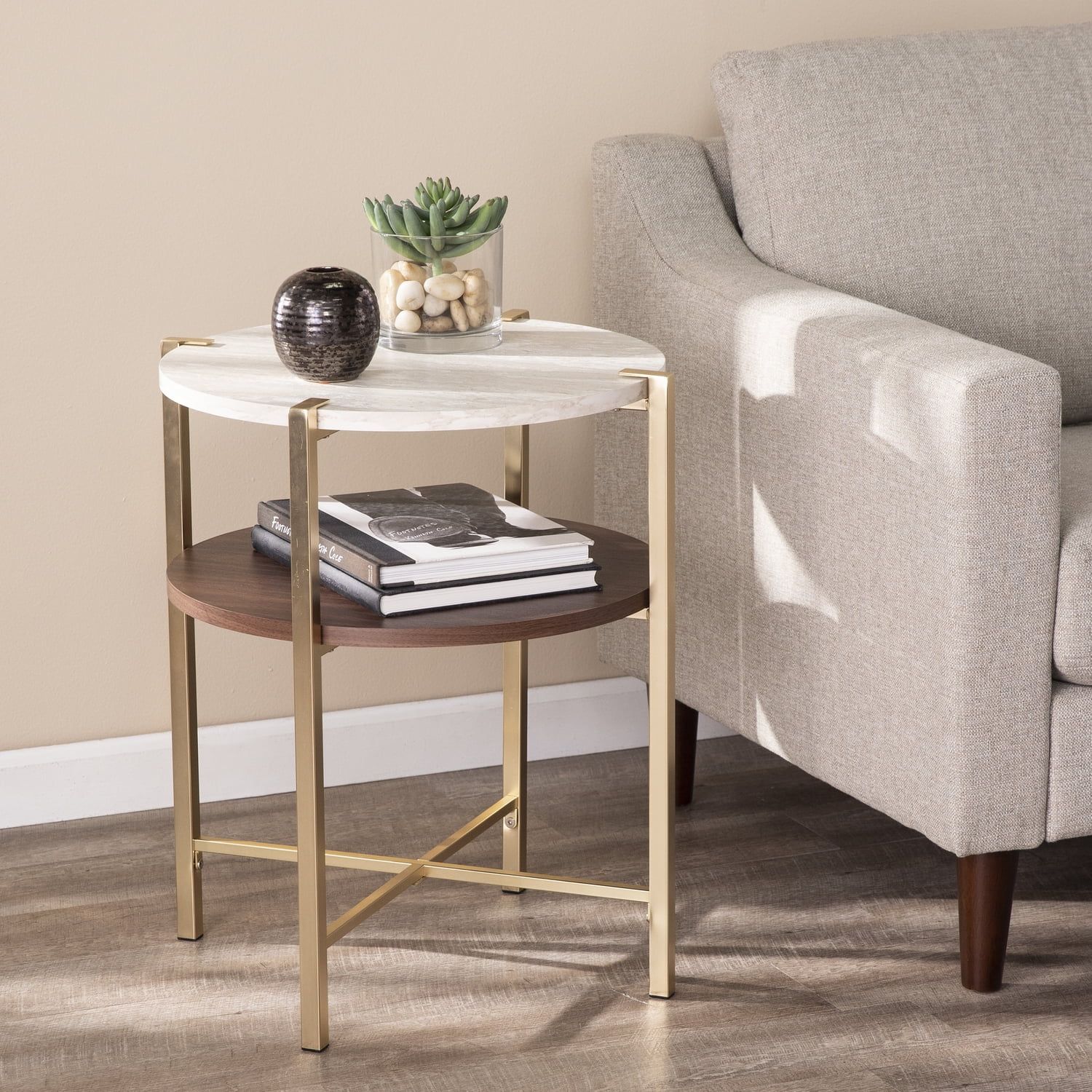 Round White Faux Marble and Brass Two-Tier End Table