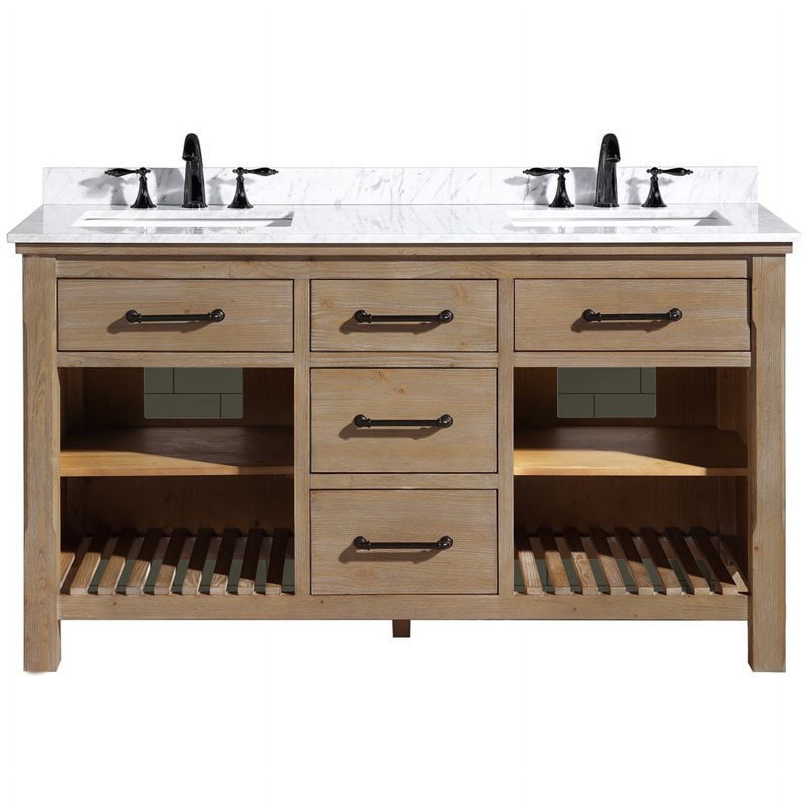 Weathered Fir Solid Wood 60" Double Sink Bathroom Vanity with Carrara Marble Top