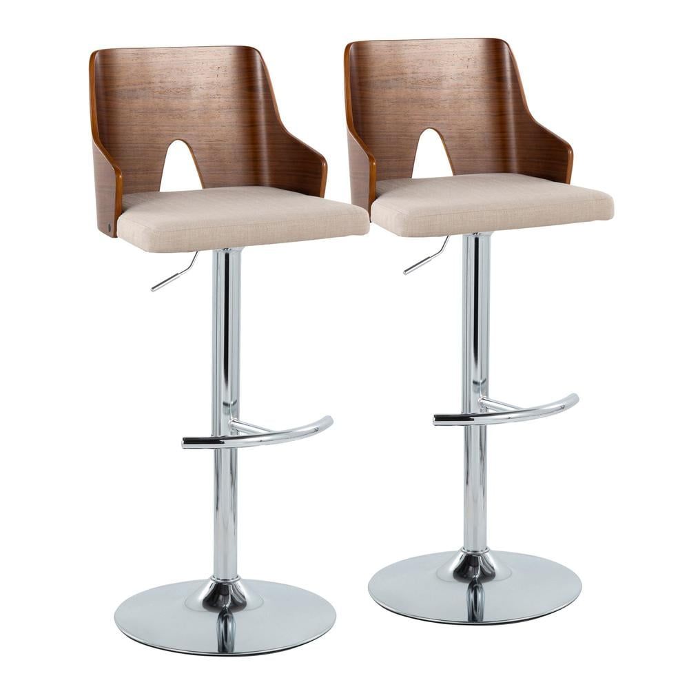 Ariana Adjustable Walnut Wood and Chrome Barstools with Beige Upholstery, Set of 2